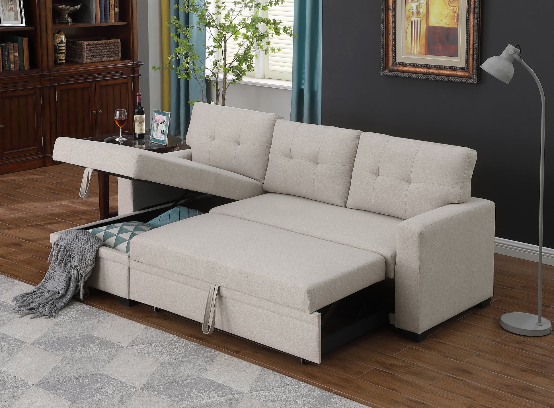 Upholstered Pull Out Sectional Sofa With Chaise Beige Foam Linen