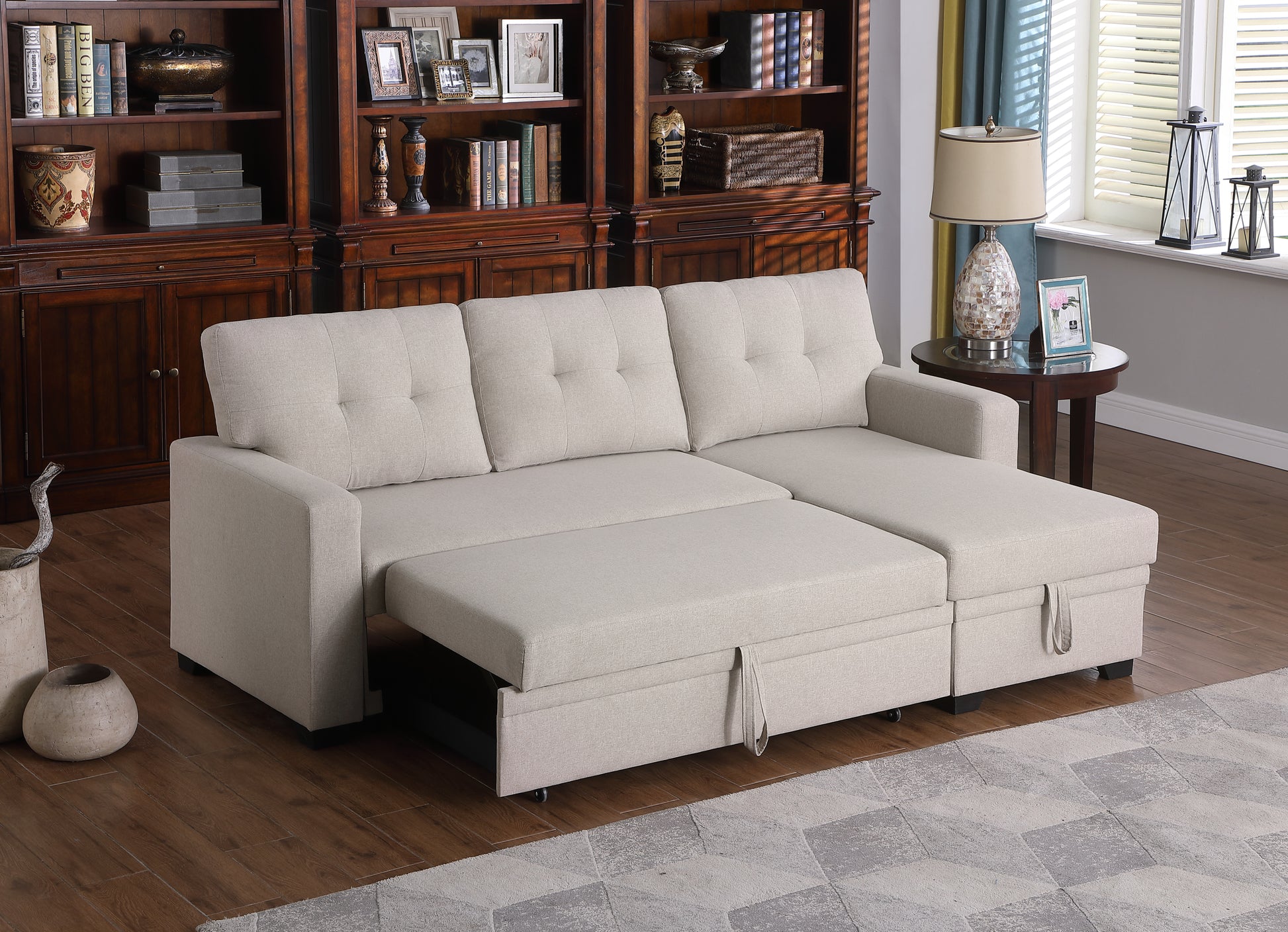 Upholstered Pull Out Sectional Sofa With Chaise Beige Foam Linen