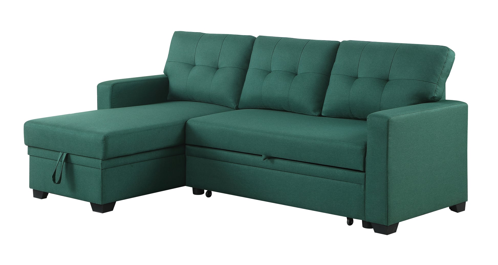 Upholstered Pull Out Sectional Sofa With Chaise Green Foam Linen