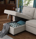 Upholstered Pull Out Sectional Sofa With Chaise Beige Foam Linen