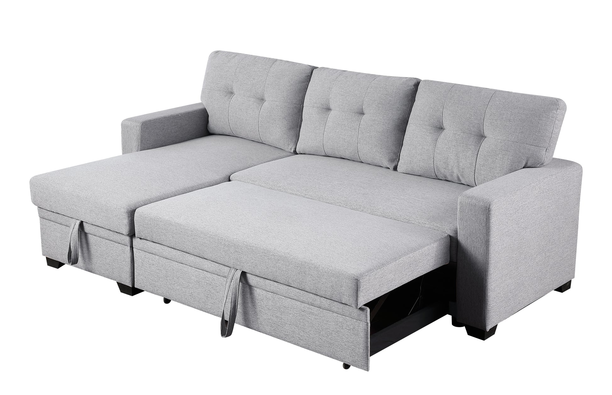 Upholstered Pull Out Sectional Sofa With Chaise Light Gray Foam Linen