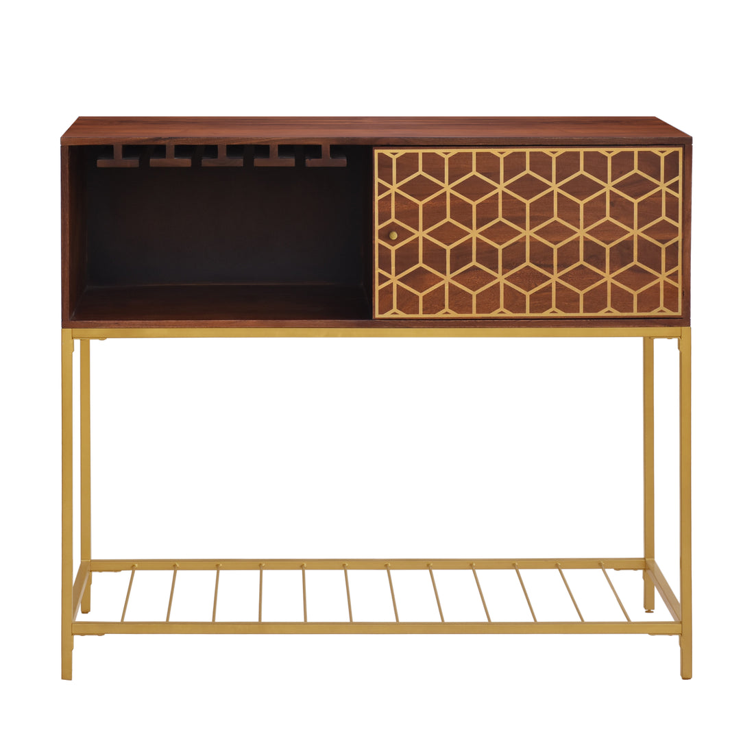 Kalyn 48 Inch Acacia Wood Bar Cabinet, 1 Door, Metal Frame, Geometric Screen Printed Design, Brown, Brass Brown Metal & Wood