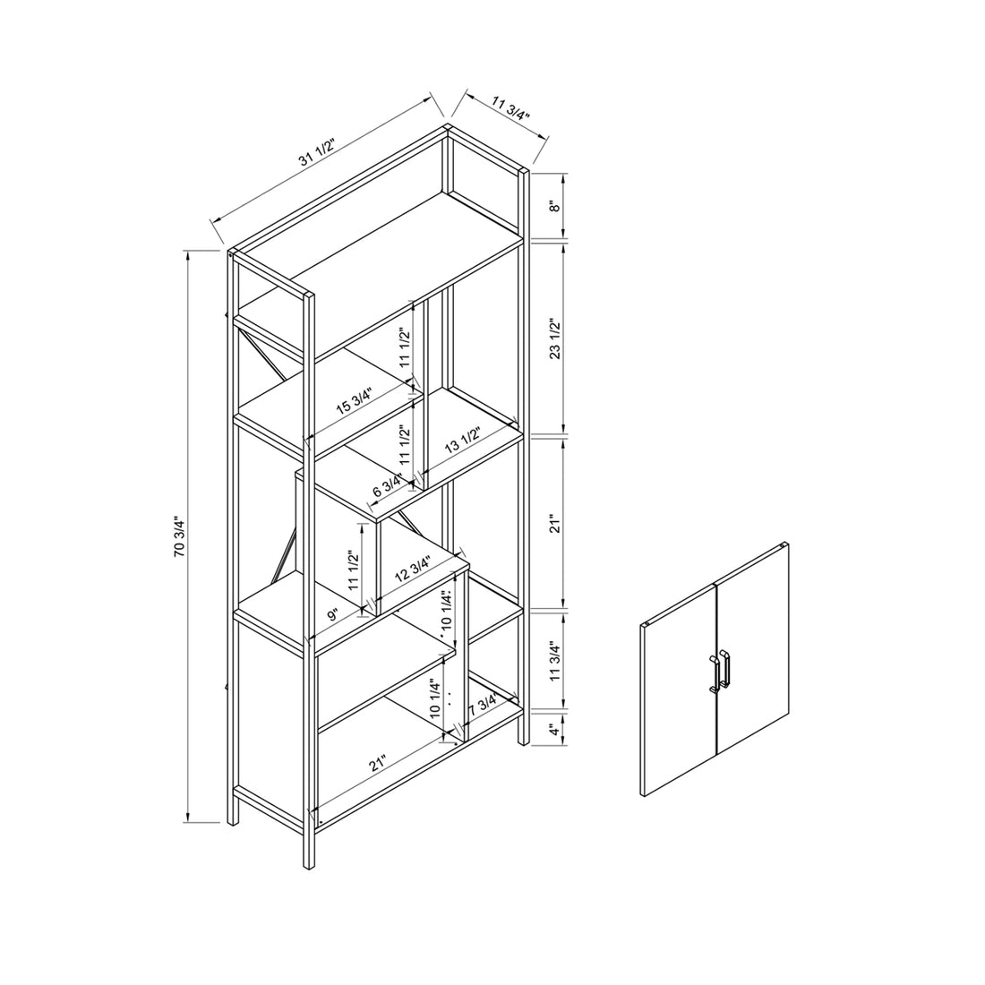 Six Shelf Modern Bookcase With Two Door Storage Cabinet With Two Shelves Brown And Black Metal Taupe Particle Board