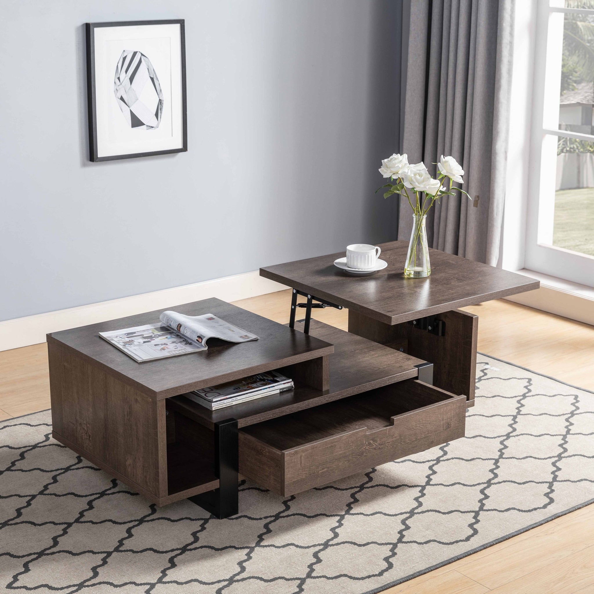 Contemporary Coffee Table With Drawer And Lift Top Table Top Dark Brown Walnut Particle Board