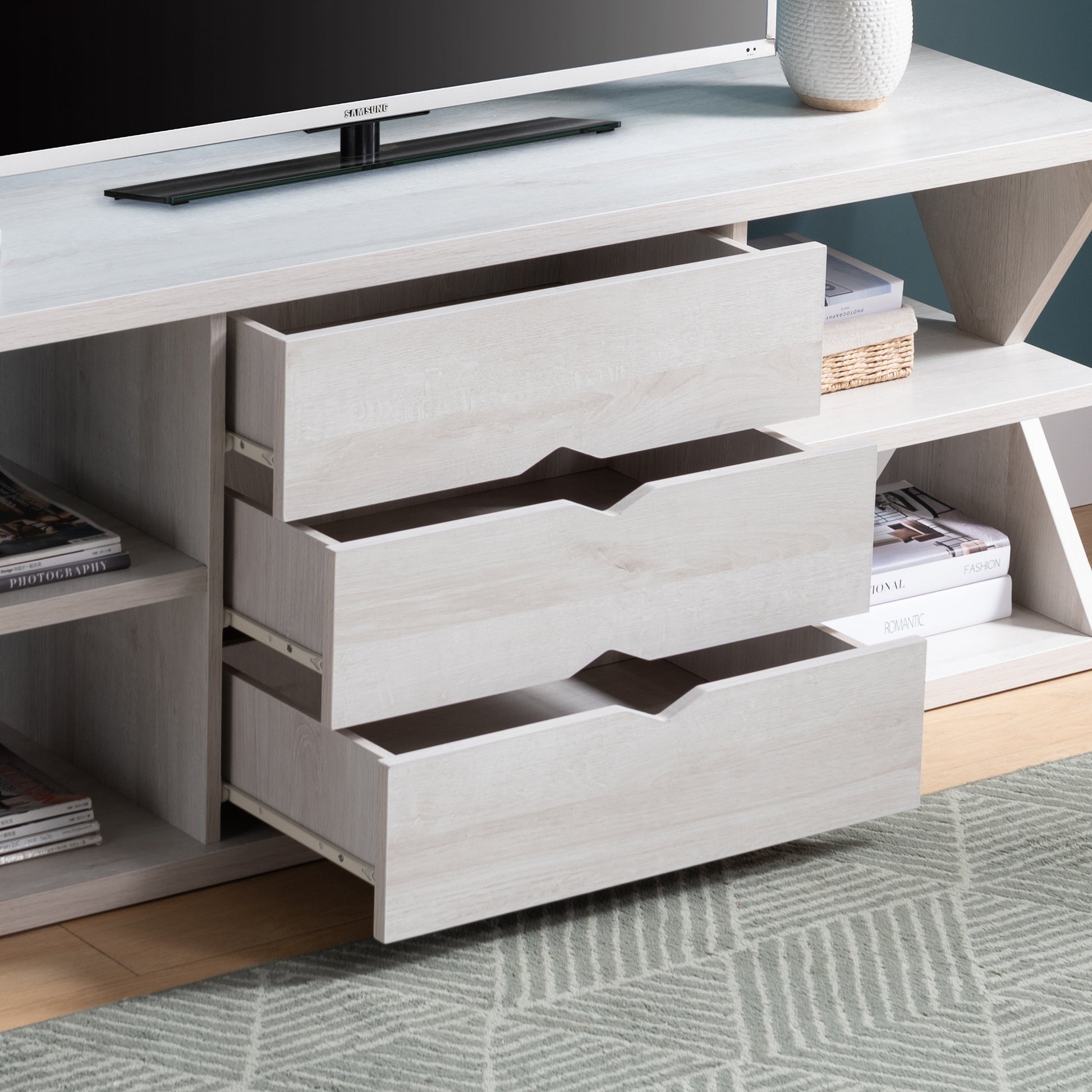 Modern Tv Stand With Four Open Shelves And Three Storage Drawers White Oak White Oak 60 69 Inches Particle Board