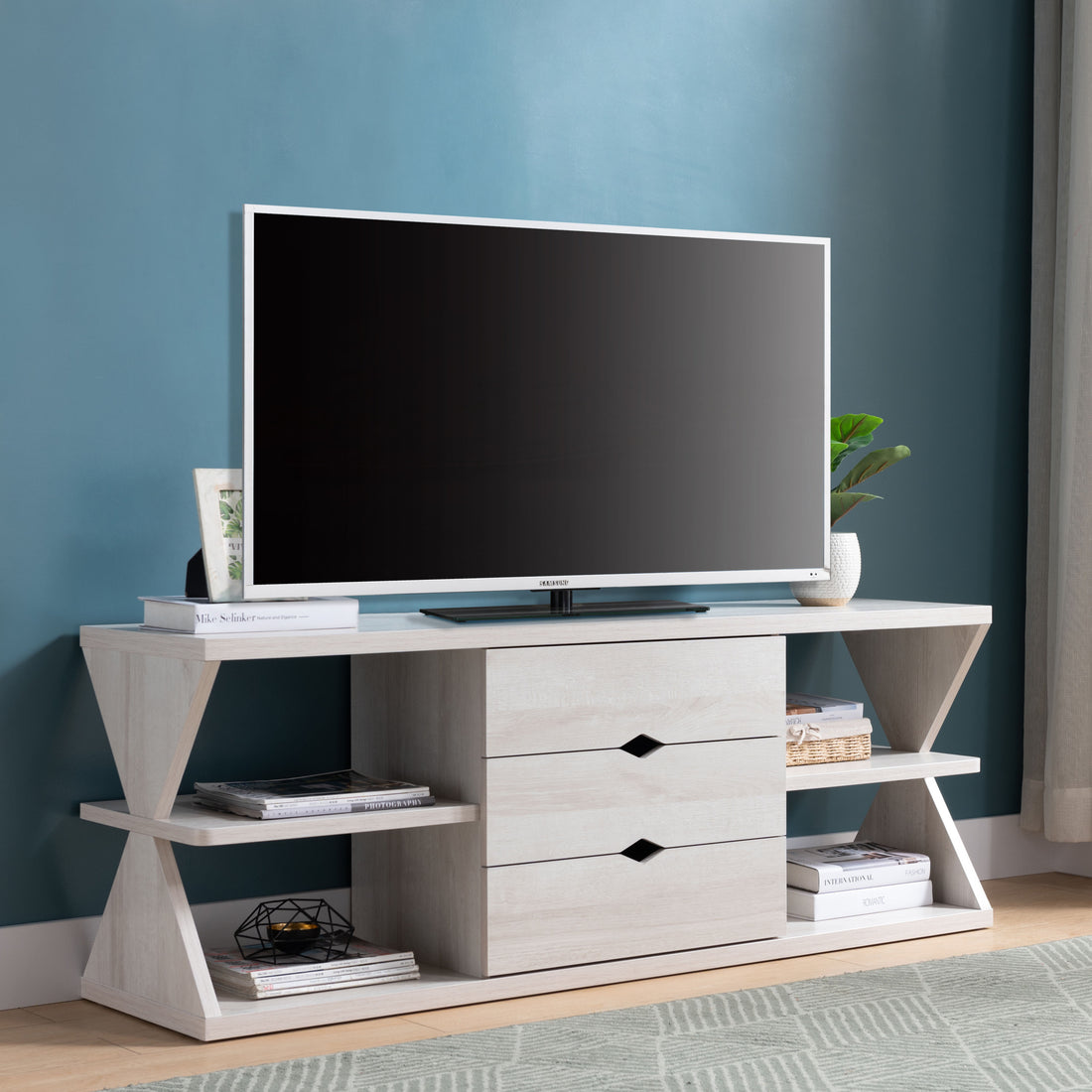 Modern Tv Stand With Four Open Shelves And Three Storage Drawers White Oak White Oak 60 69 Inches Particle Board