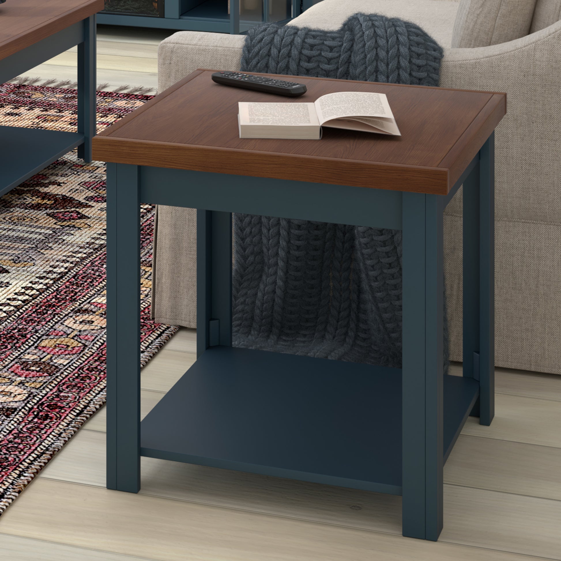 Nantucket 24 Inch Side Table, No Assembly Required, Blue Denim And Whiskey Finish Blue Solid Wood