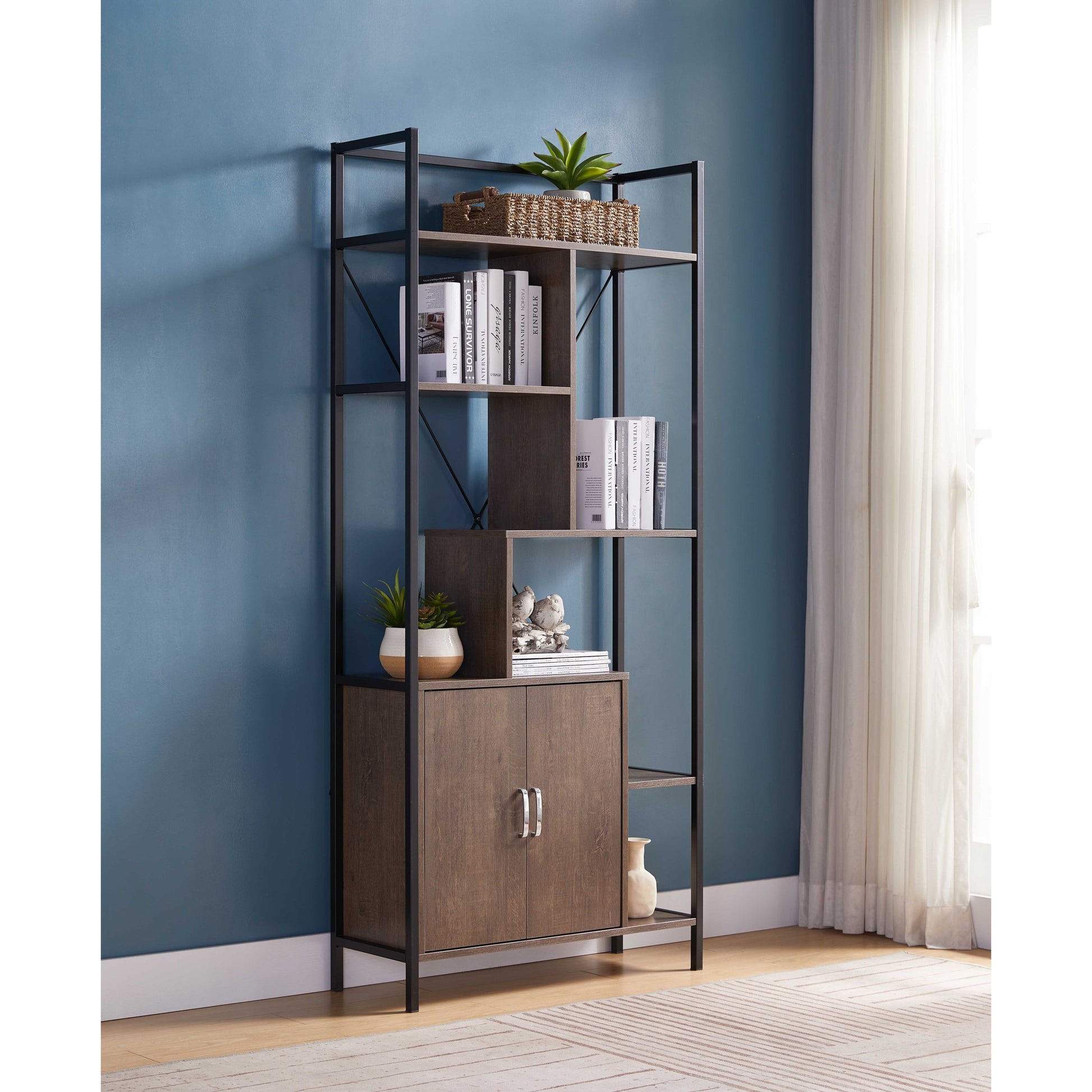 Six Shelf Modern Bookcase With Two Door Storage Cabinet With Two Shelves Dark Brown And Black Metal Walnut Particle Board