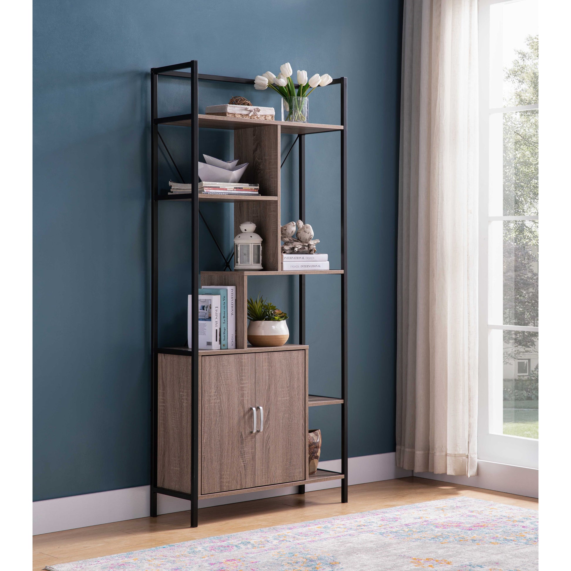 Six Shelf Modern Bookcase With Two Door Storage Cabinet With Two Shelves Brown And Black Metal Taupe Particle Board