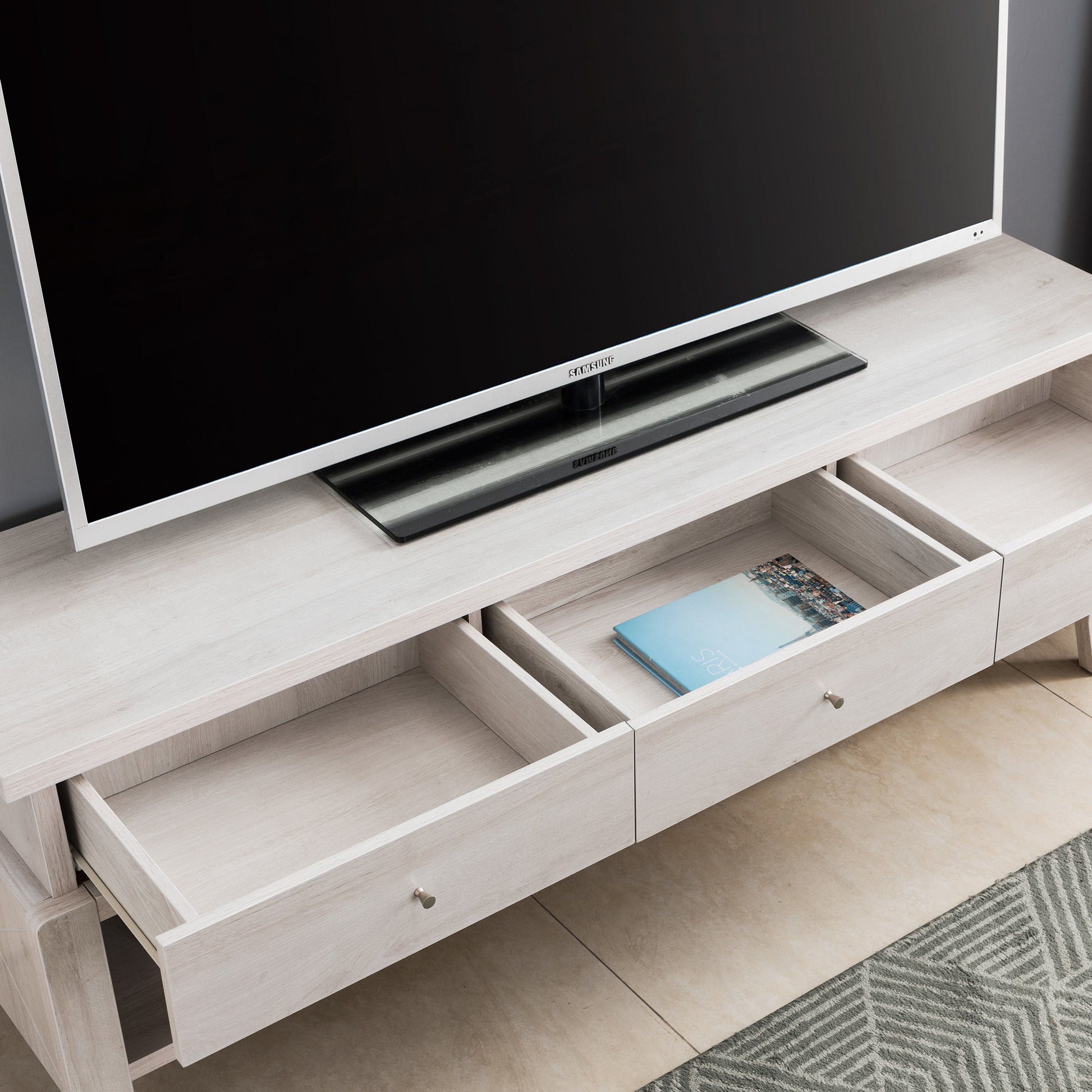 Modern Tv Stand With Three Open Shelves And Three Drawers White White Oak 60 69 Inches Particle Board