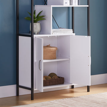 Six Shelf Modern Bookcase With Two Door Storage Cabinet With Two Shelves White And Black Metal White Particle Board