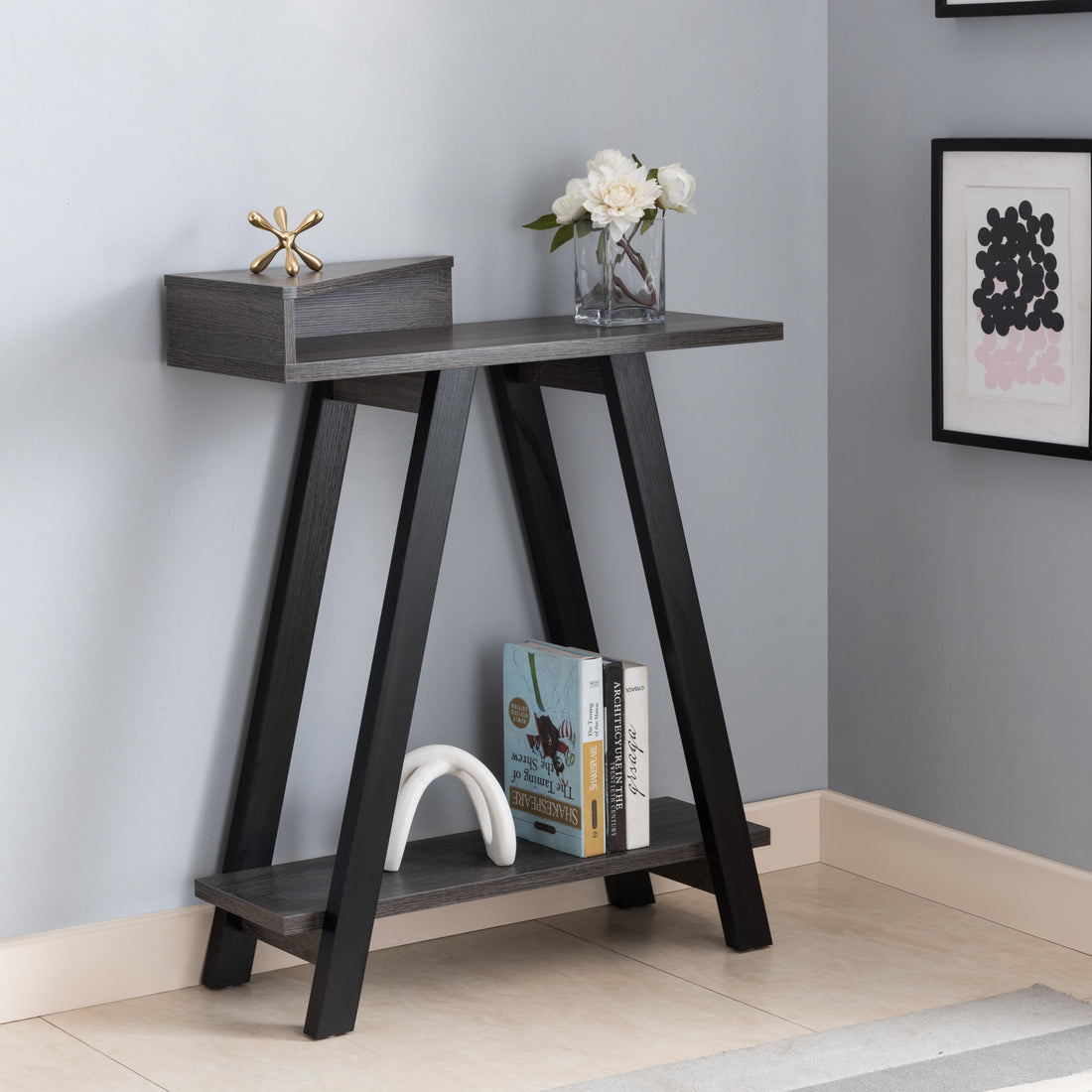 Contemporary Two Toned Console Table With Two Shelves Black & Grey Grey Particle Board