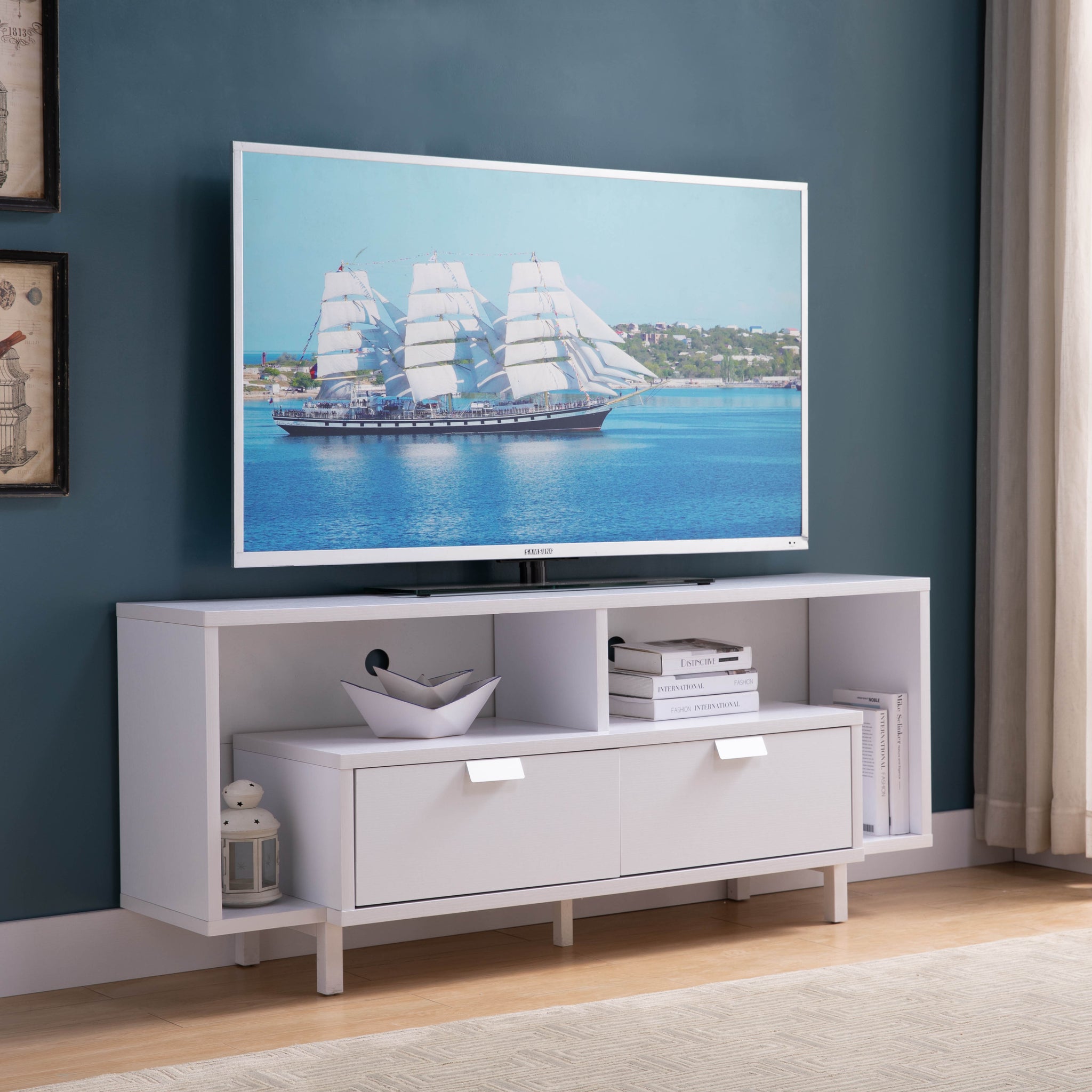 Modern 60" Tv Stand With Two Shelves And Two Drawers White White 50 59 Inches Particle Board