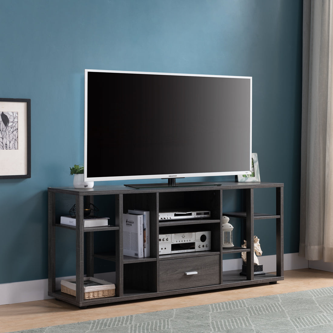 Contemporary Tv Stand With Ten Shelves And One Drawer Grey Grey 60 69 Inches Particle Board