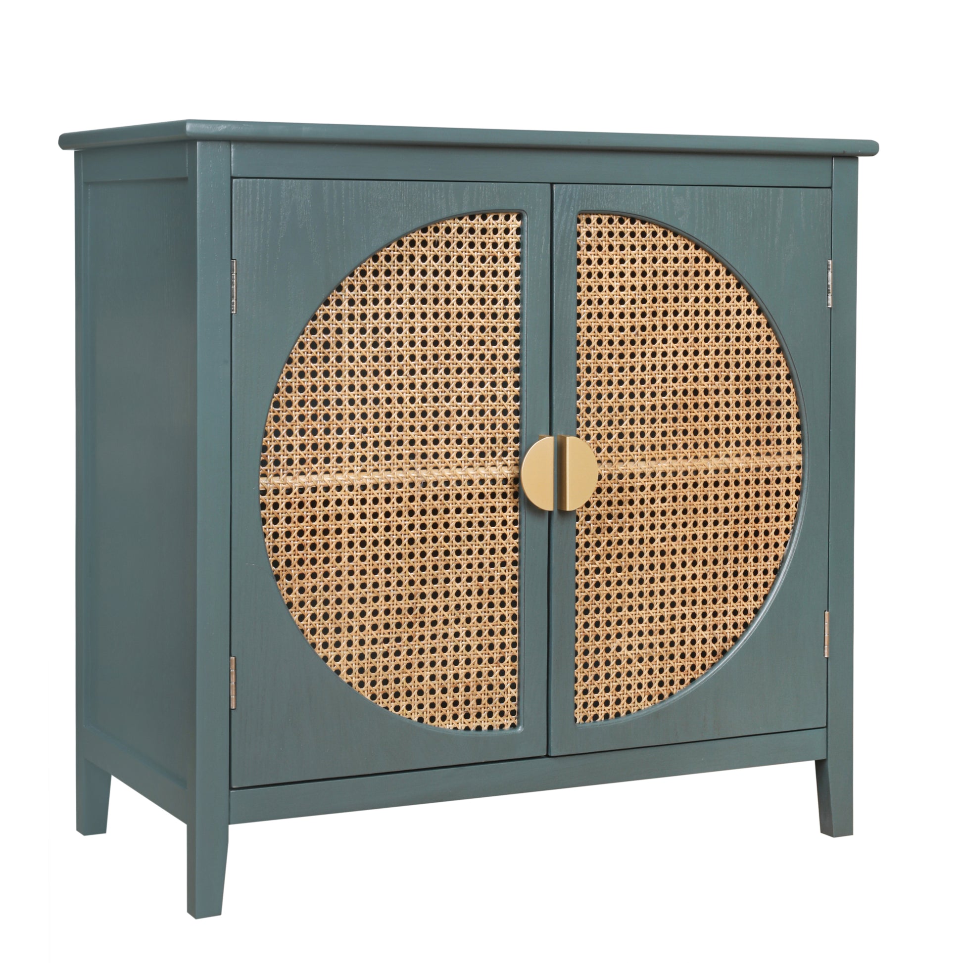 2 Door Cabinet With Semicircular Elements,Natural Rattan Weaving,Suitable For Multiple Scenes Such As Living Room, Bedroom, Study Room Dark Green Mdf