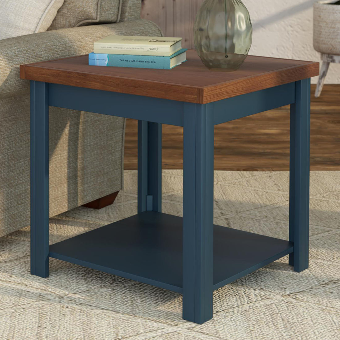 Nantucket 24 Inch Side Table, No Assembly Required, Blue Denim And Whiskey Finish Blue Solid Wood