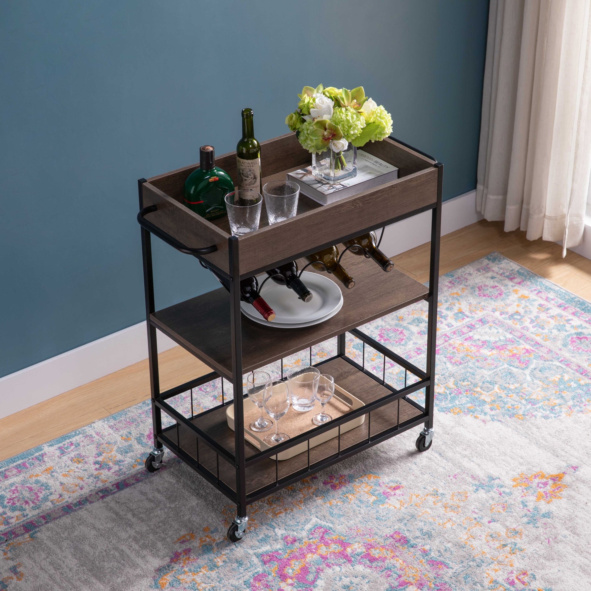 Rolling Kitchen Cart With Three Tiers And Four Wine Bottle Rack Brown And Black Metal Walnut Particle Board