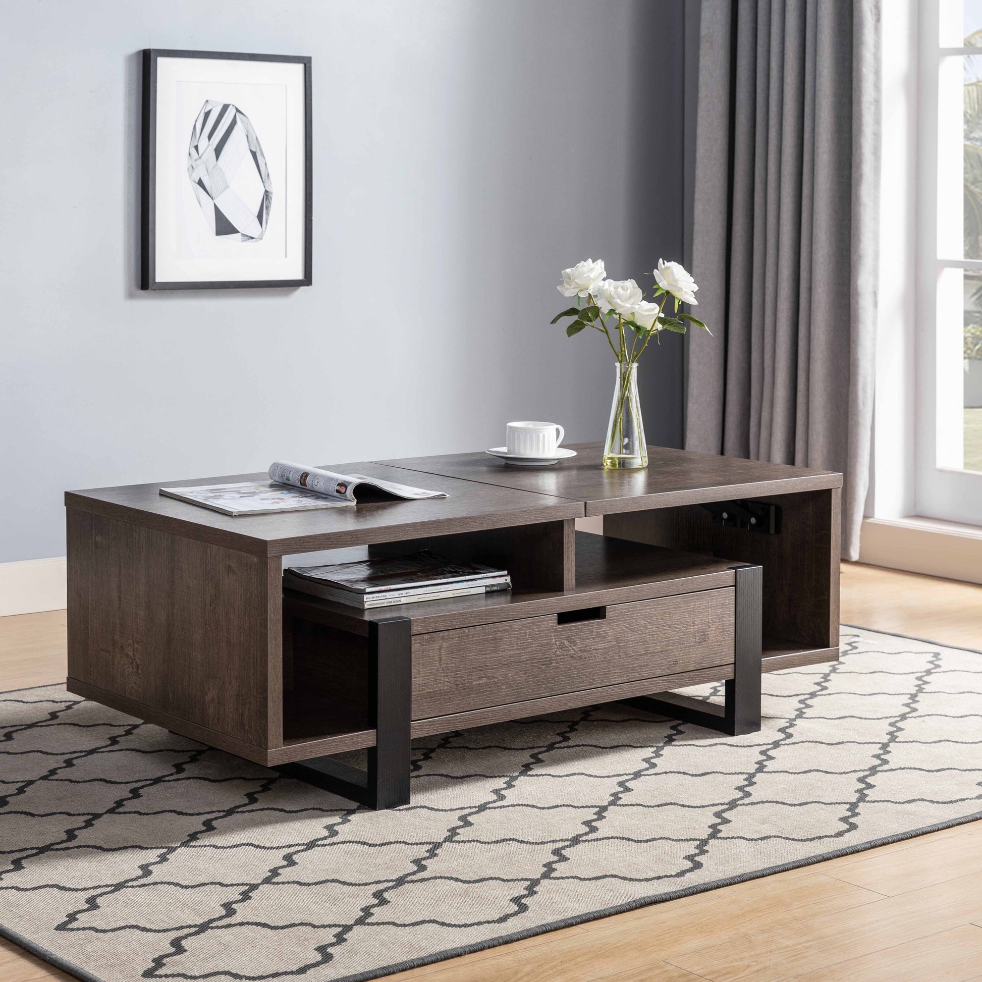 Contemporary Coffee Table With Drawer And Lift Top Table Top Dark Brown Walnut Particle Board