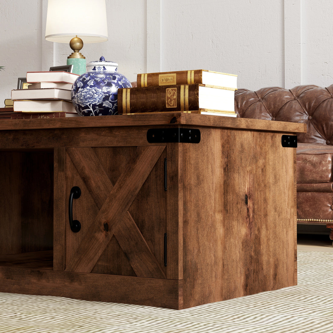 Farmhouse 48 Inch Coffee Table, No Assembly Required, Aged Whiskey Finish Brown Brown Primary Living Space Farmhouse,Lodge,Rustic Alder Rectangular Coffee & End Tables Solid Wood