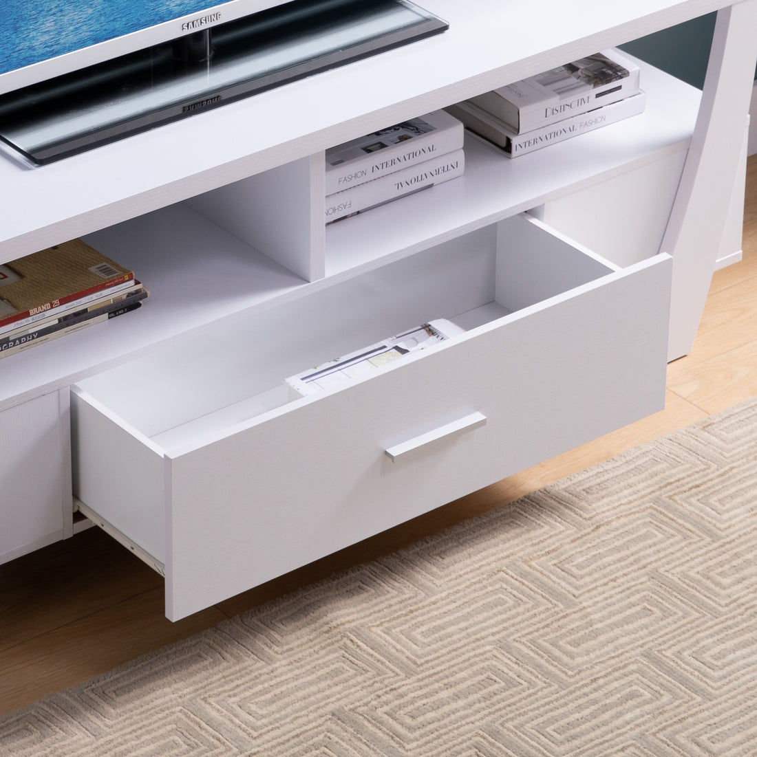 Contemporary Tv Stand With Four Shelves And One Drawer White White Particle Board