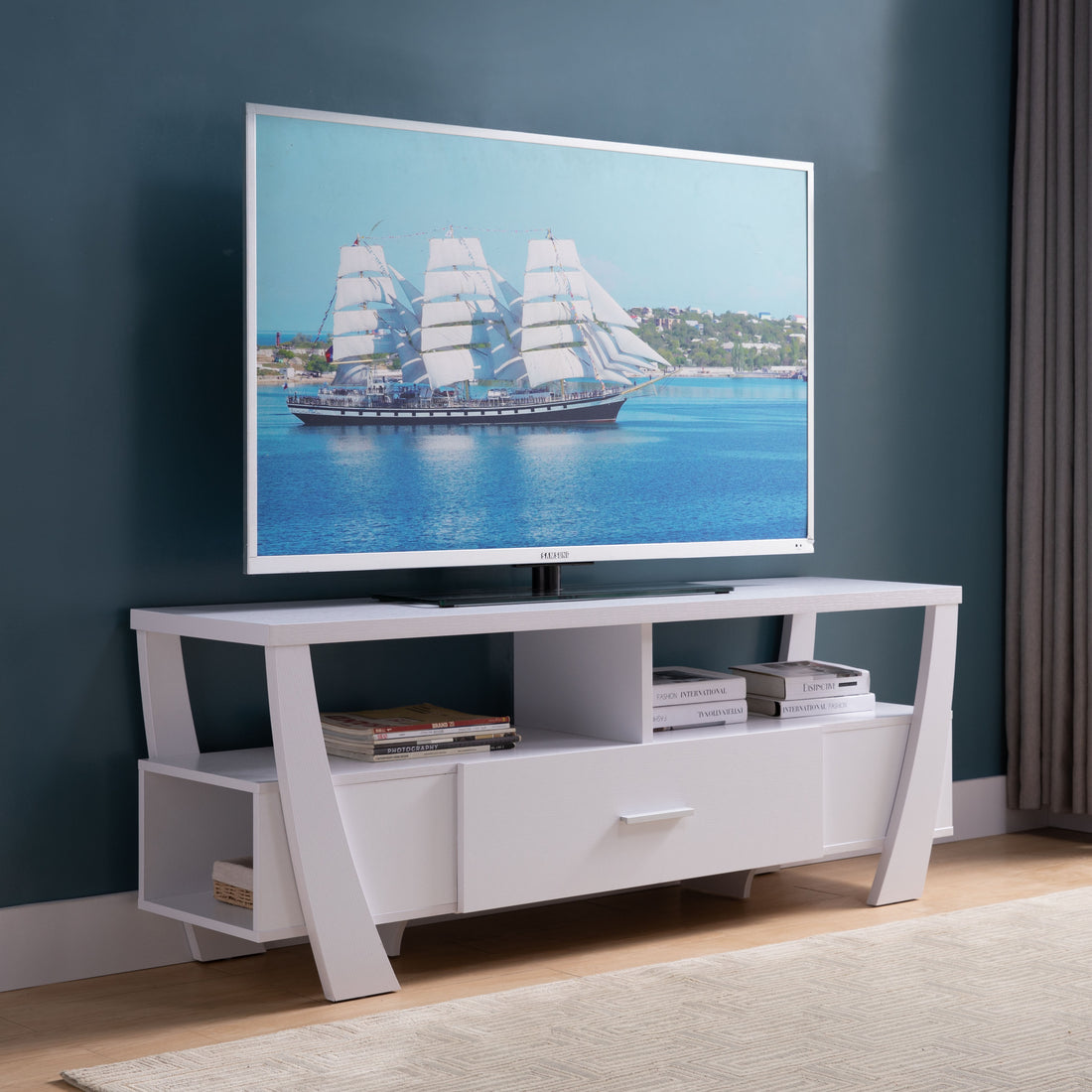 Contemporary Tv Stand With Four Shelves And One Drawer White White Particle Board