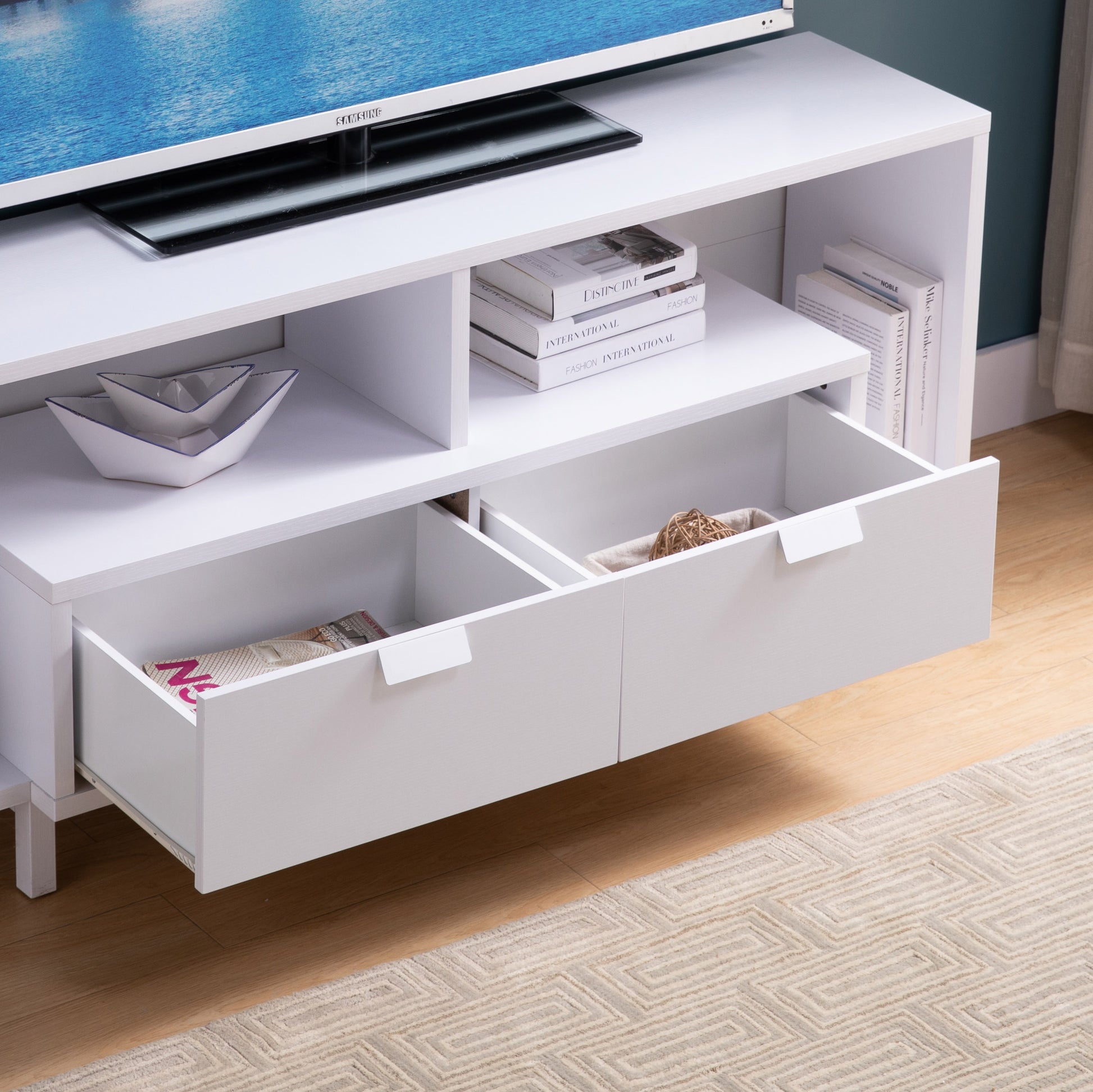 Modern 60" Tv Stand With Two Shelves And Two Drawers White White 50 59 Inches Particle Board