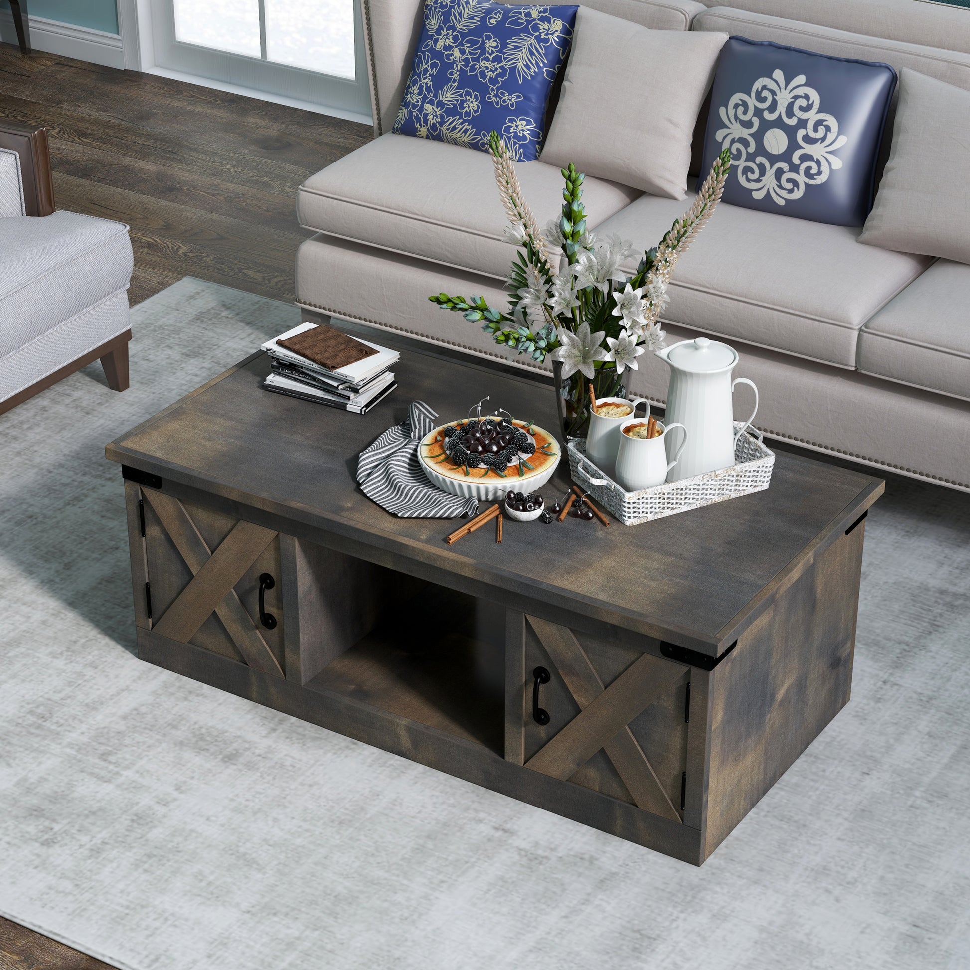 Farmhouse 48 Inch Coffee Table, No Assembly Required, Barnwood Finish Brown Brown Primary Living Space Farmhouse,Lodge,Rustic Alder Rectangular Coffee & End Tables Solid Wood