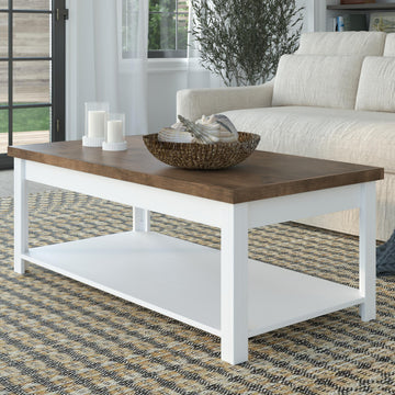 Hampton 48 Inch Hampton Coffee Table, No Assembly Required, Jasmine Whitewash And Barnwood Finish White White Primary Living Space Coastal,Farmhouse,Nautical Poplar Solid Wood