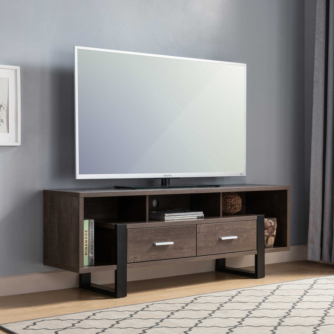 Modern Tv Stand With Three Shelves And Two Drawers Dark Brown & Black Walnut 60 69 Inches Particle Board