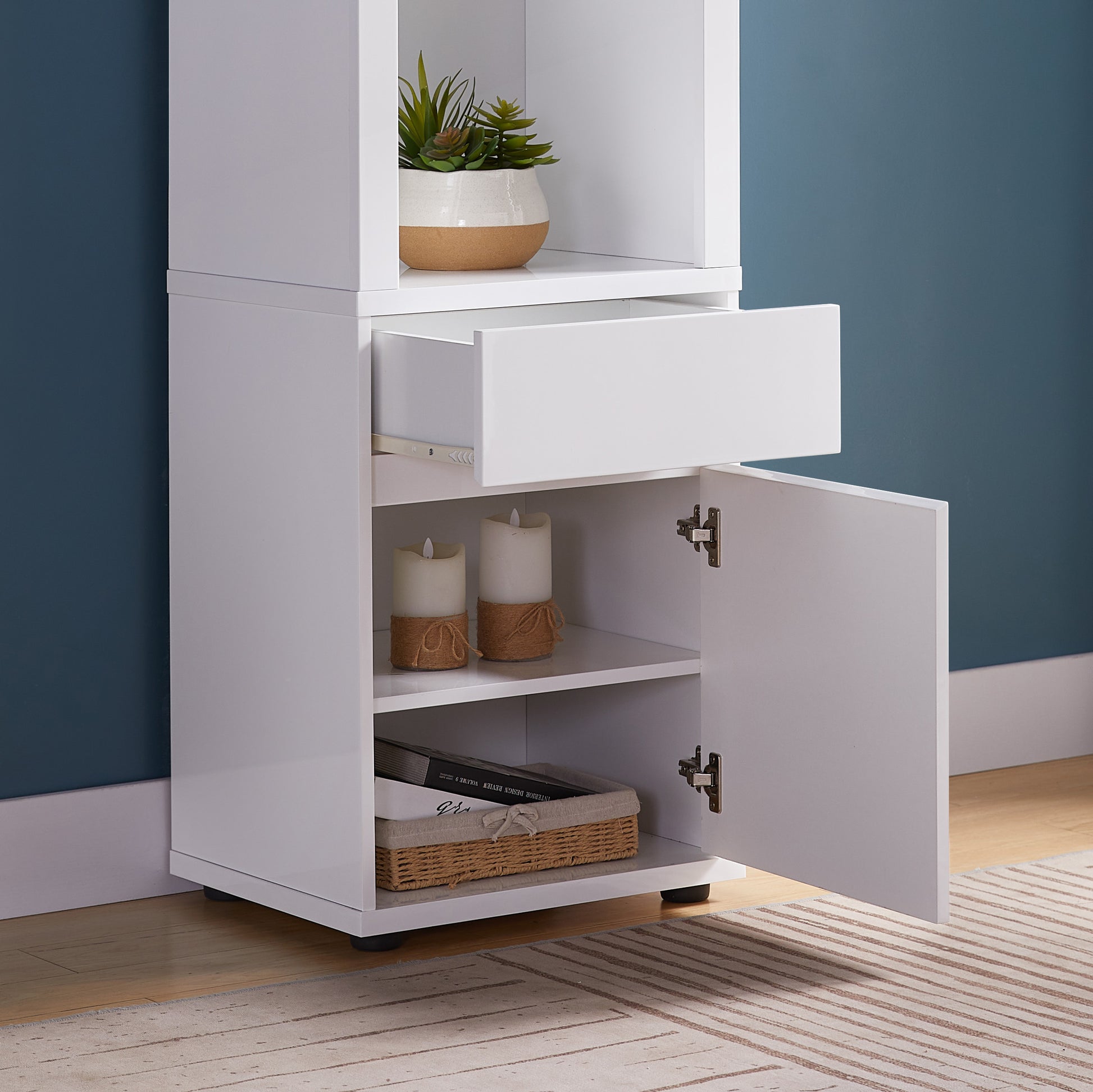 Contemporary Display Cabinet With Three Glass Shelves One Shelves Bottom Cabinet With Two Shelves White White Particle Board