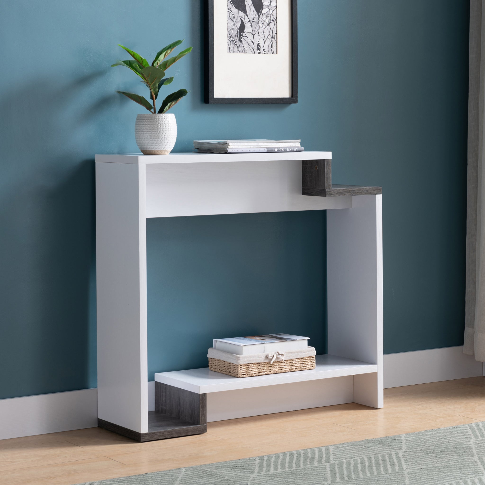 Contemporary Console Table With Two Open Shelves White & Grey White Particle Board