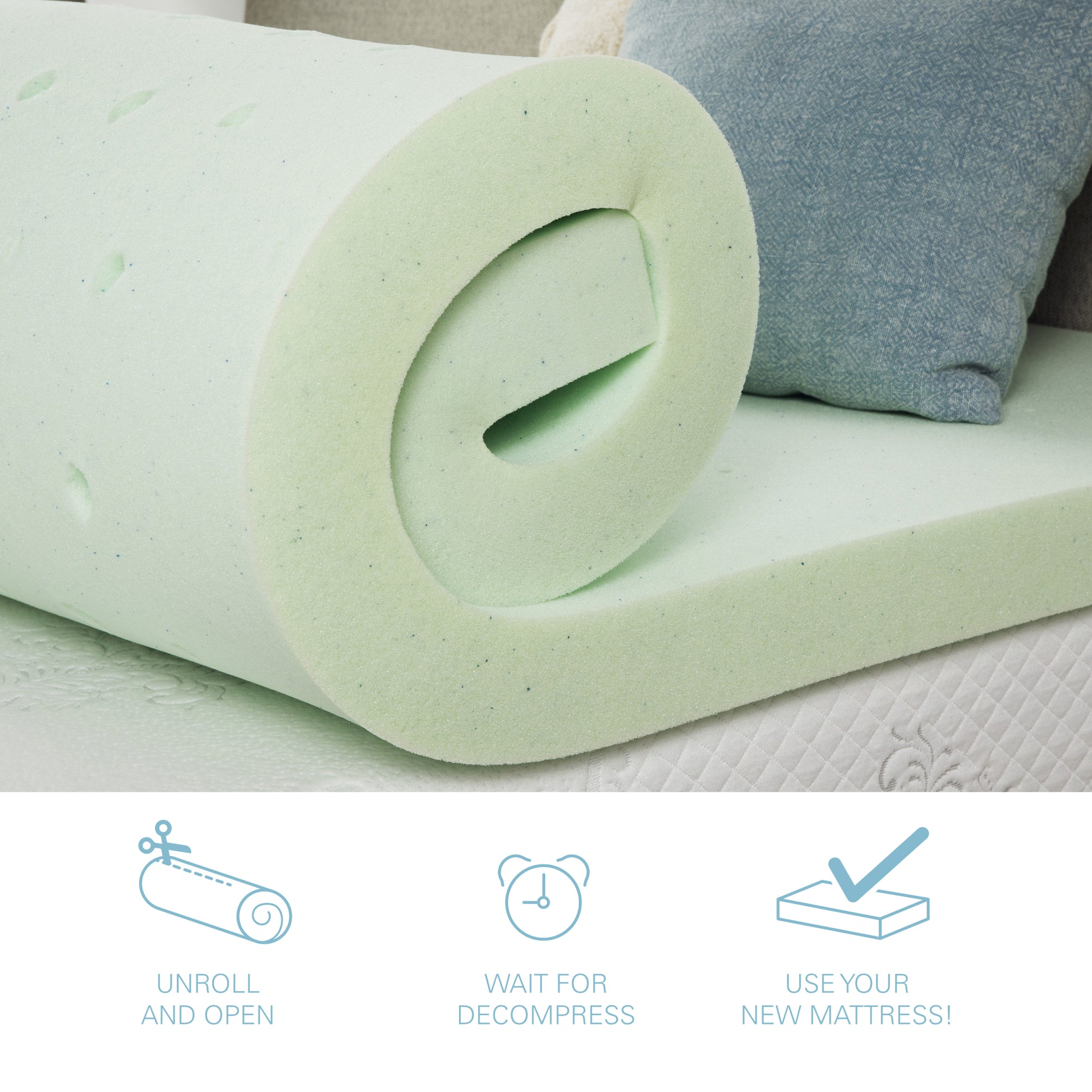 2 Inch Twin Size Cool Gel Memory Foam Mattress Topper Light Green Bedroom Foam