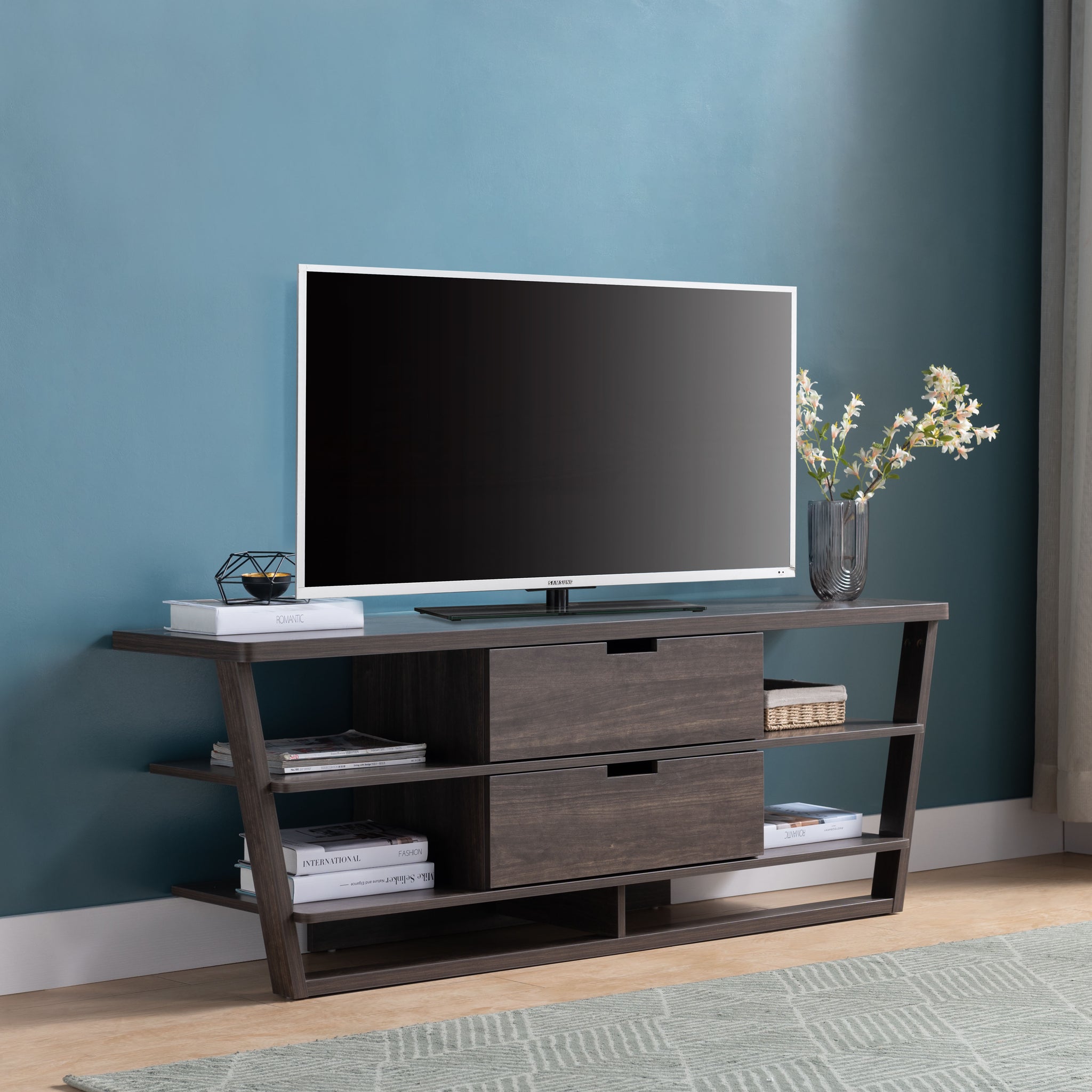 Tv Stand With Four Open Shelves And Two Drawers With Cutout Handles Dark Brown Brown 60 69 Inches Particle Board