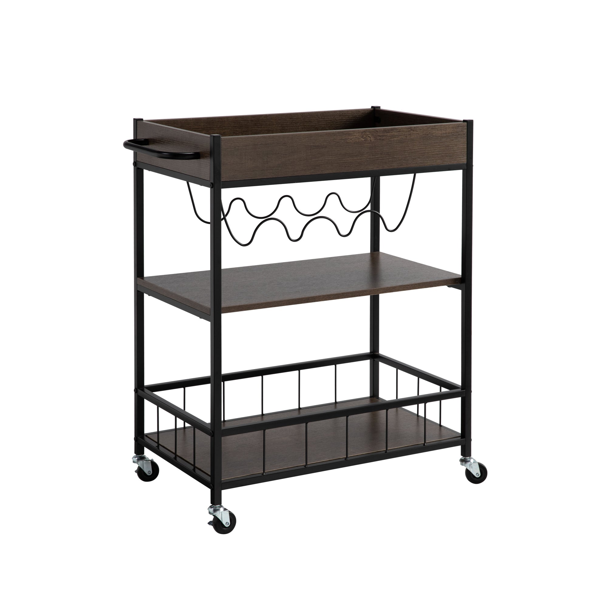 Rolling Kitchen Cart with Three Tiers and Four Wine walnut-particle board