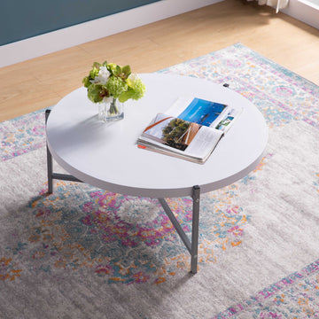 Essential Round Coffee Table White And Silver Metal Legs White Particle Board