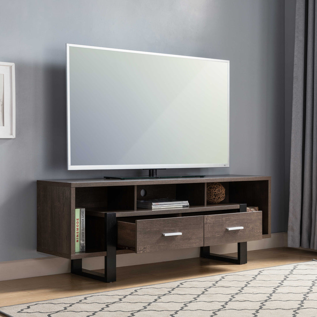 Modern Tv Stand With Three Shelves And Two Drawers Dark Brown & Black Walnut 60 69 Inches Particle Board