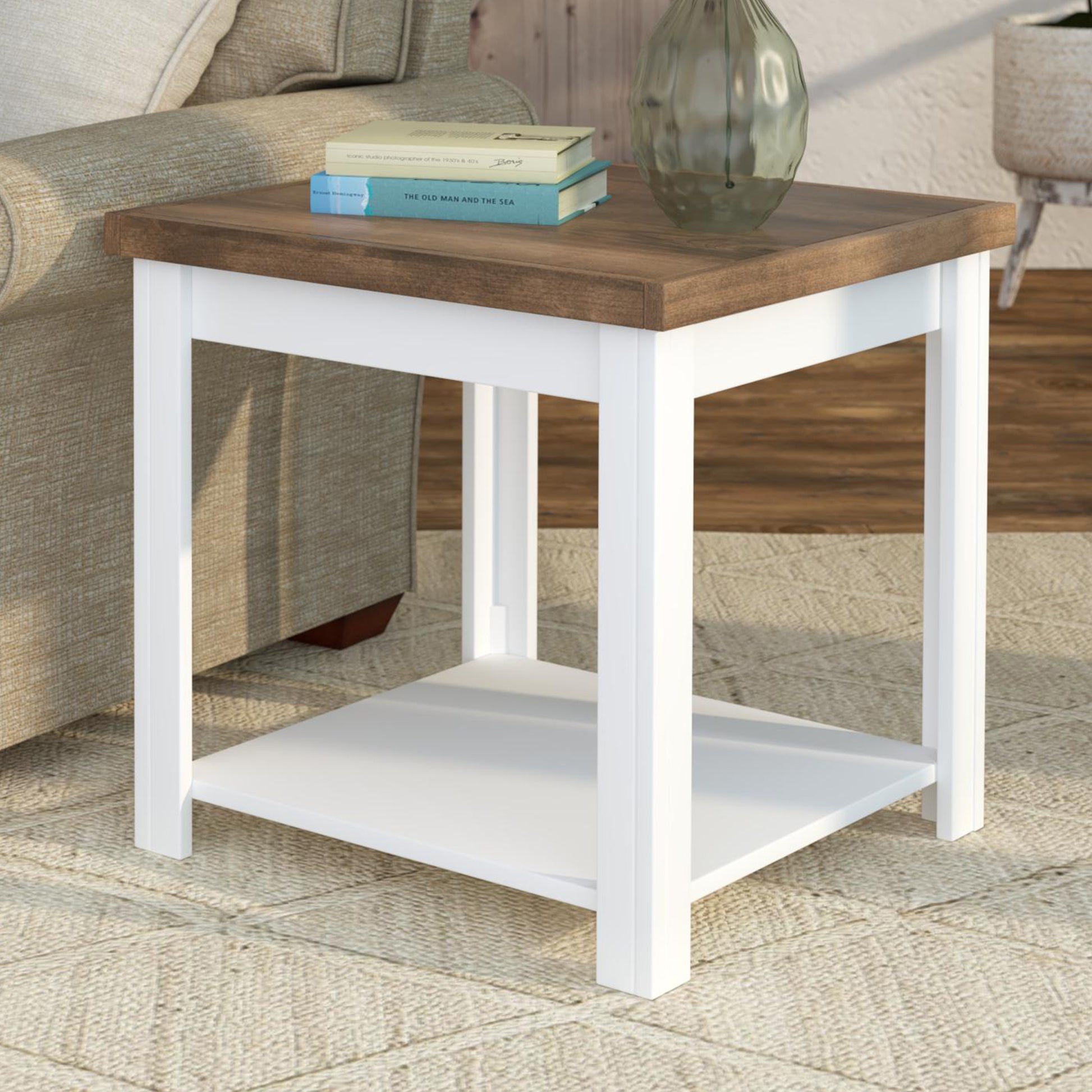 Hampton 24 Inch Side Table, No Assembly Required, Jasmine Whitewash And Barnwood Finish White White Primary Living Space Coastal,Farmhouse,Nautical Poplar Solid Wood