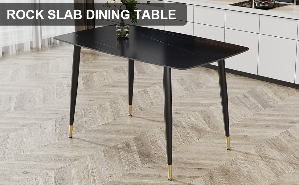 Modern Minimalist Dining Table. Black Sintered Stone Tabletop With Golden Stripe Pattern, Black Metal Legs. Suitable For Kitchen Restaurantand And Living Room 50"*30"*30" F 001 Black Sintered Stone