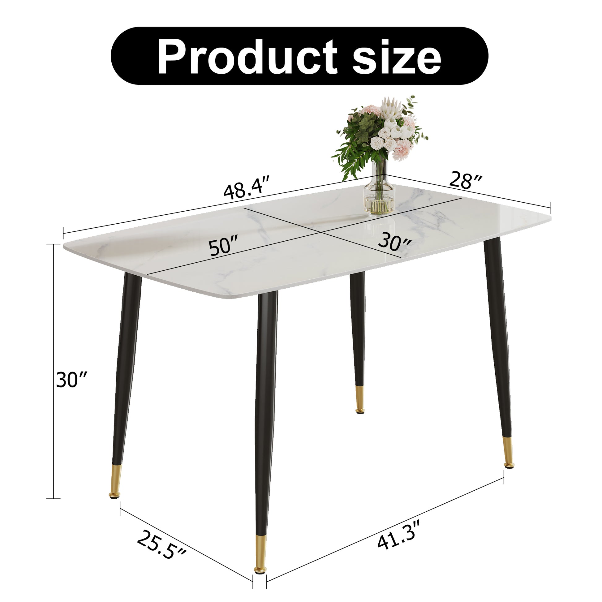 Modern Minimalist Dining Table. White Imitation Marble Pattern Sintered Stone Desktop With Black Metal Legs.50"*30"*30" F 001 White Sintered Stone