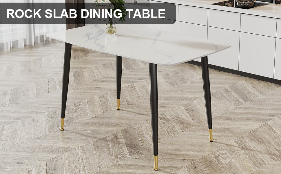 Modern Minimalist Dining Table. White Imitation Marble Pattern Sintered Stone Desktop With Black Metal Legs.50"*30"*30" F 001 White Sintered Stone