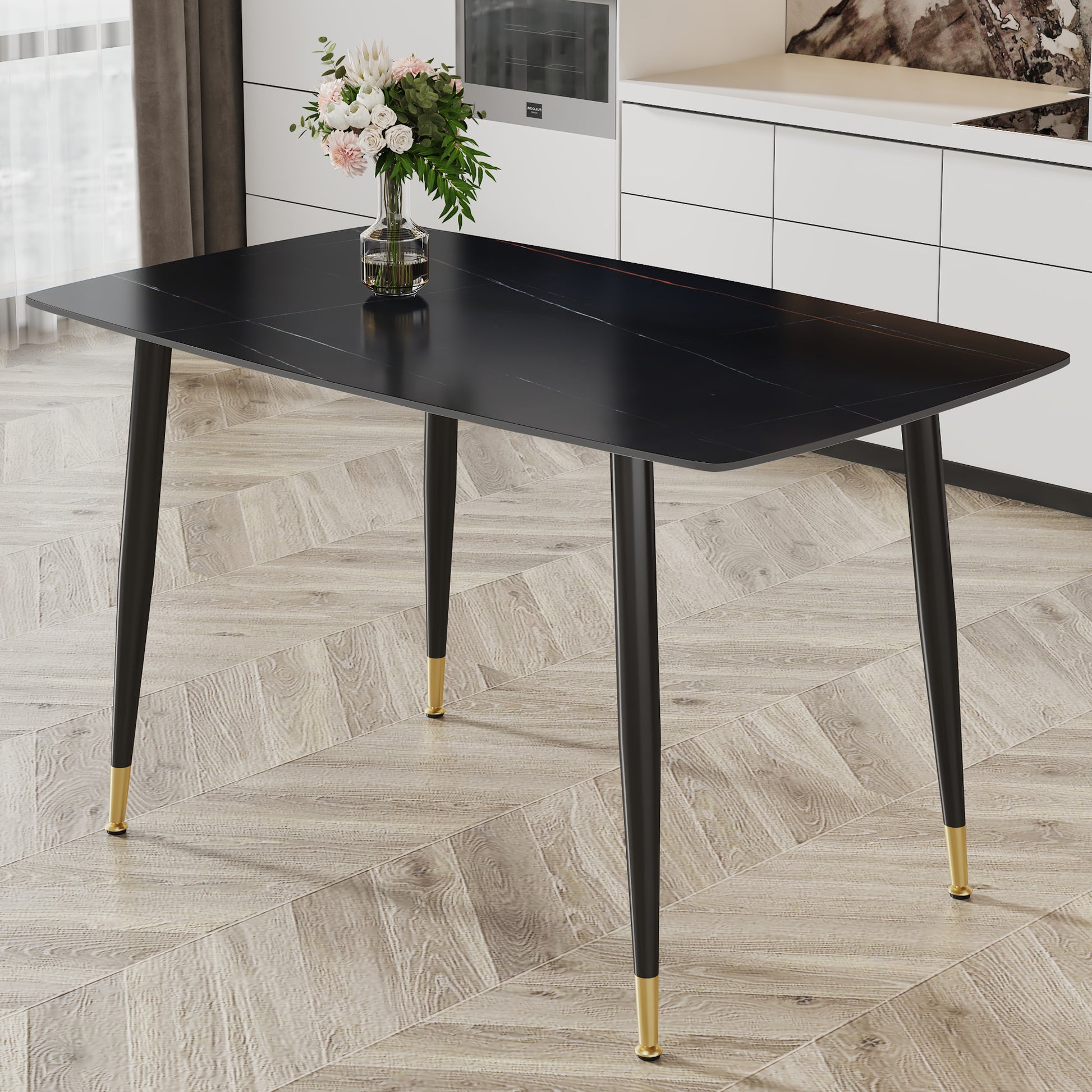 Modern Minimalist Dining Table. Black Sintered Stone Tabletop With Golden Stripe Pattern, Black Metal Legs. Suitable For Kitchen Restaurantand And Living Room 50"*30"*30" F 001 Black Sintered Stone