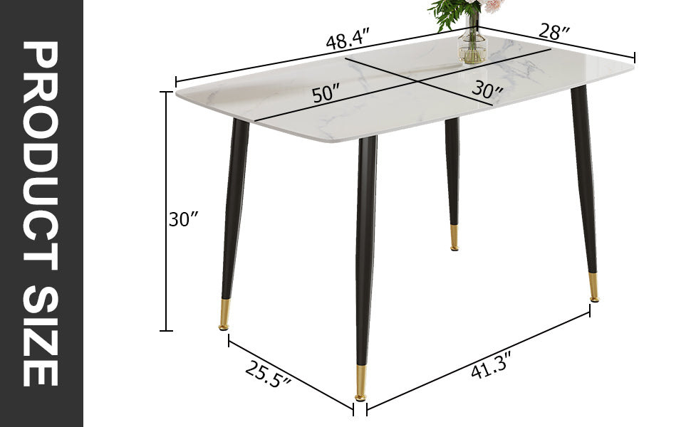 Modern Minimalist Dining Table. White Imitation Marble Pattern Sintered Stone Desktop With Black Metal Legs.50"*30"*30" F 001 White Sintered Stone