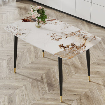 Modern Minimalist Dining Table. A Patterned Sintered Stone Tabletop With Black Metal Legs. Suitable For Kitchen And Living Room 50"*30"*30"F 001 White Sintered Stone