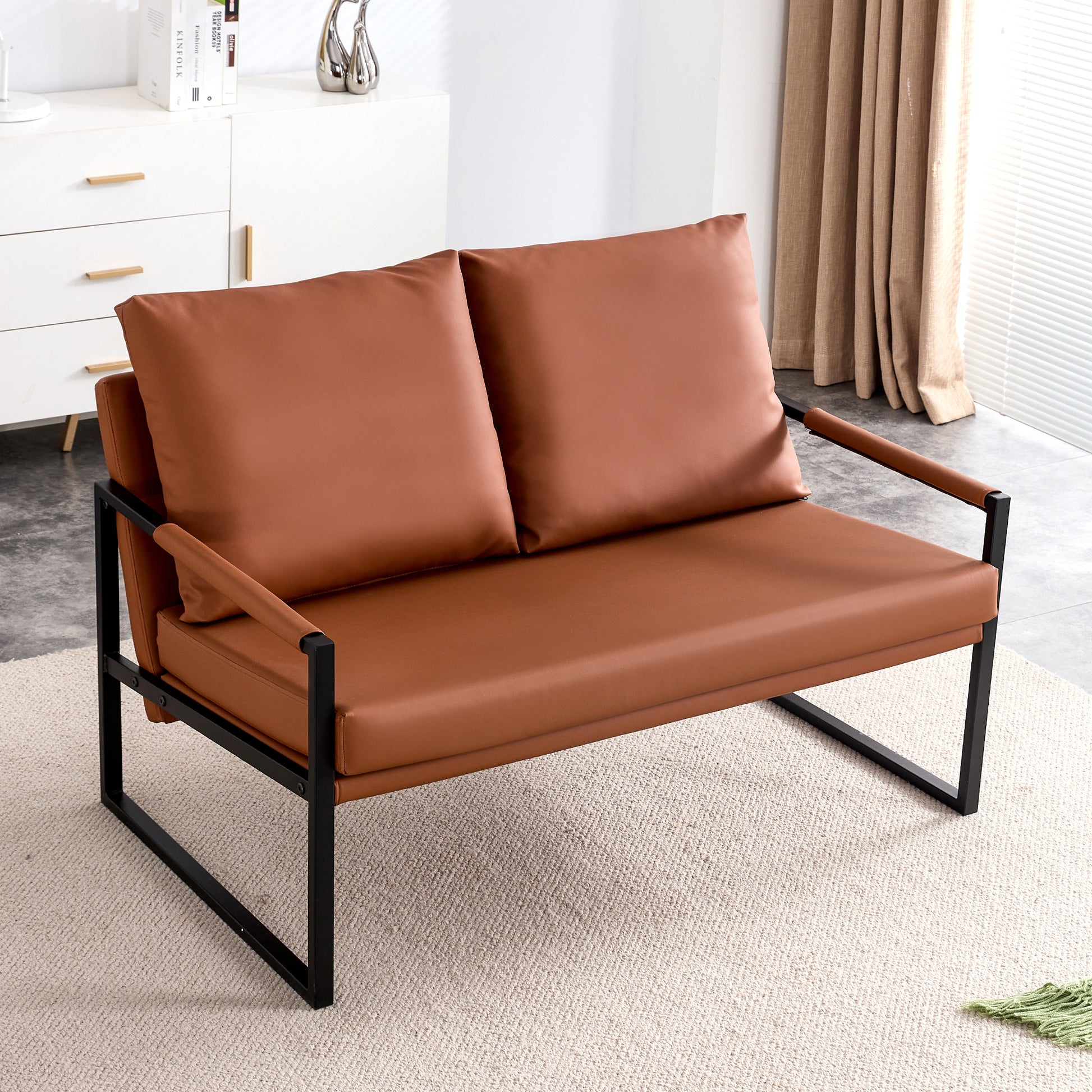 Pu Leather Armchair Metal Frame Cushion Armchair, Cushion Backrest, Living Room Sofa 1 Double Sofa 2 Single Sofa Brown Pu Leather Metal Frame Foam Sf 008 Brown Foam Pu 4 Seat