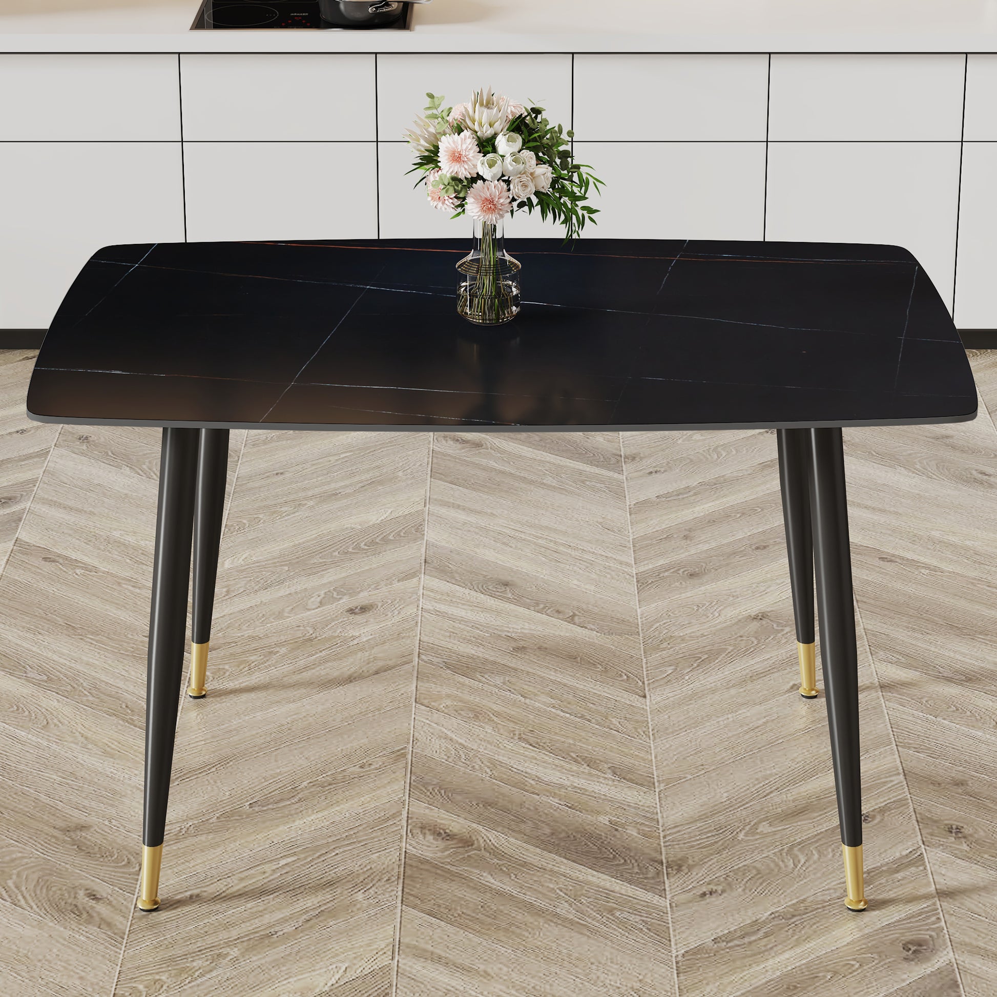 Modern Minimalist Dining Table. Black Sintered Stone Tabletop With Golden Stripe Pattern, Black Metal Legs. Suitable For Kitchen Restaurantand And Living Room 50"*30"*30" F 001 Black Sintered Stone