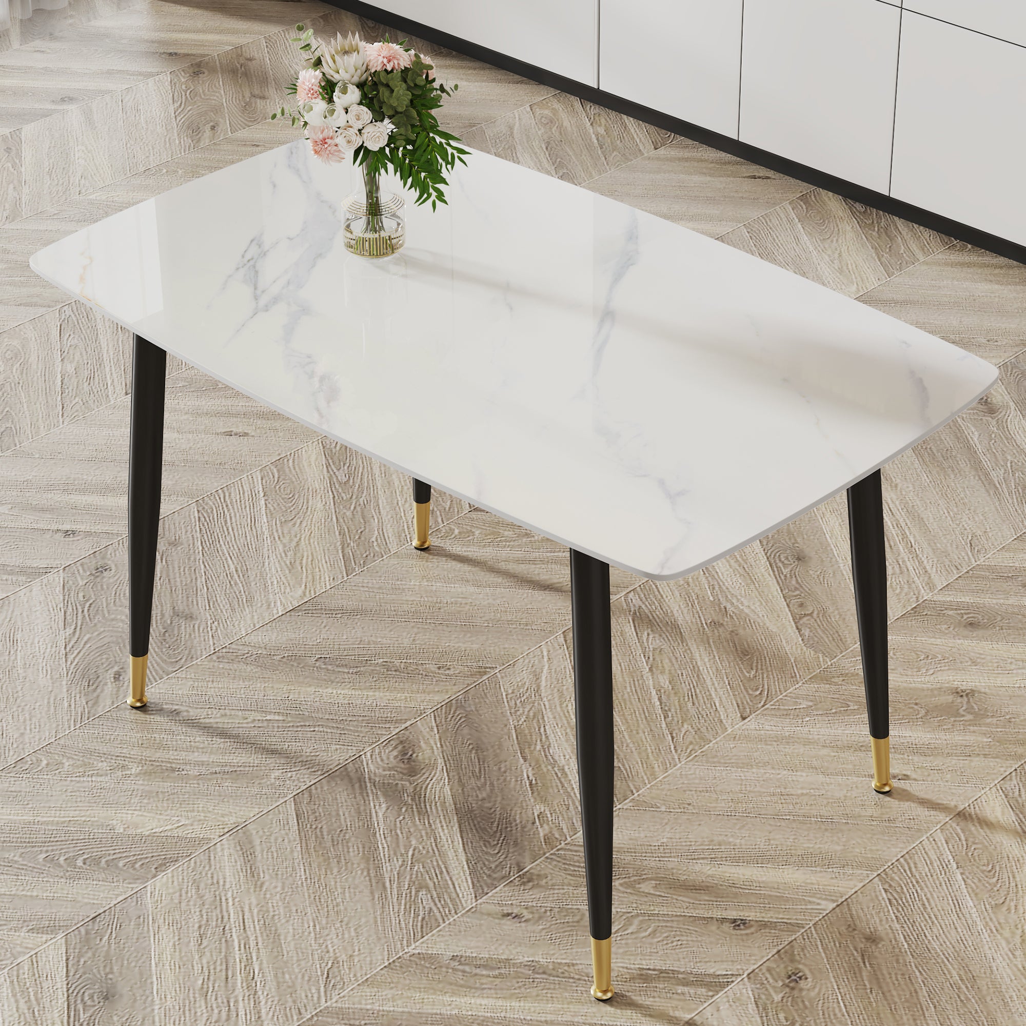 Modern Minimalist Dining Table. White Imitation Marble Pattern Sintered Stone Desktop With Black Metal Legs.50"*30"*30" F 001 White Sintered Stone