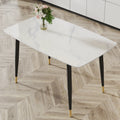 Modern Minimalist Dining Table. White Imitation Marble Pattern Sintered Stone Desktop With Black Metal Legs.50