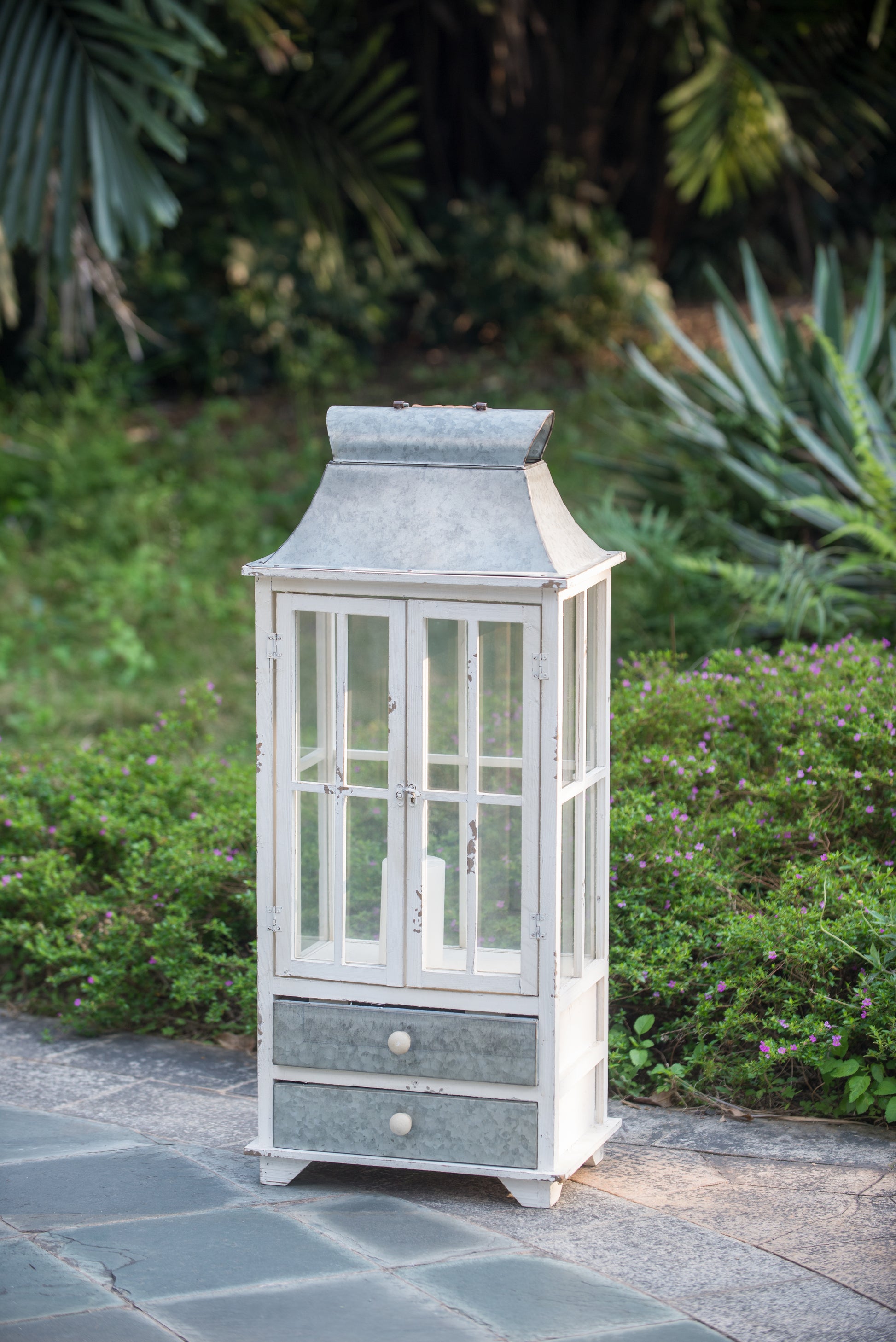 Wooden Candle Lantern Decorative, Hurricane Lantern Holder Decor For Indoor Outdoor, Home Garden Wedding Ivory Wood Glass