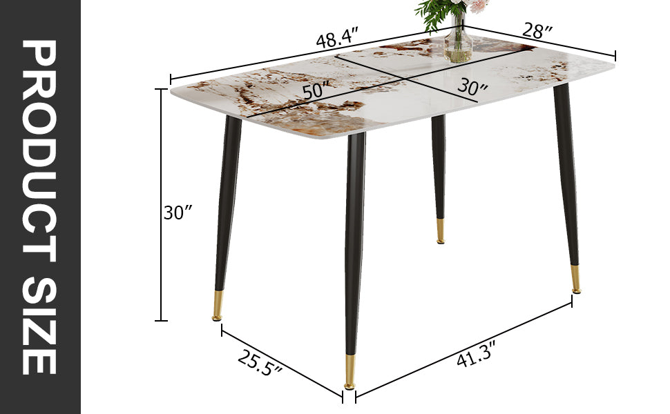 Modern Minimalist Dining Table. A Patterned Sintered Stone Tabletop With Black Metal Legs. Suitable For Kitchen And Living Room 50"*30"*30"F 001 White Sintered Stone