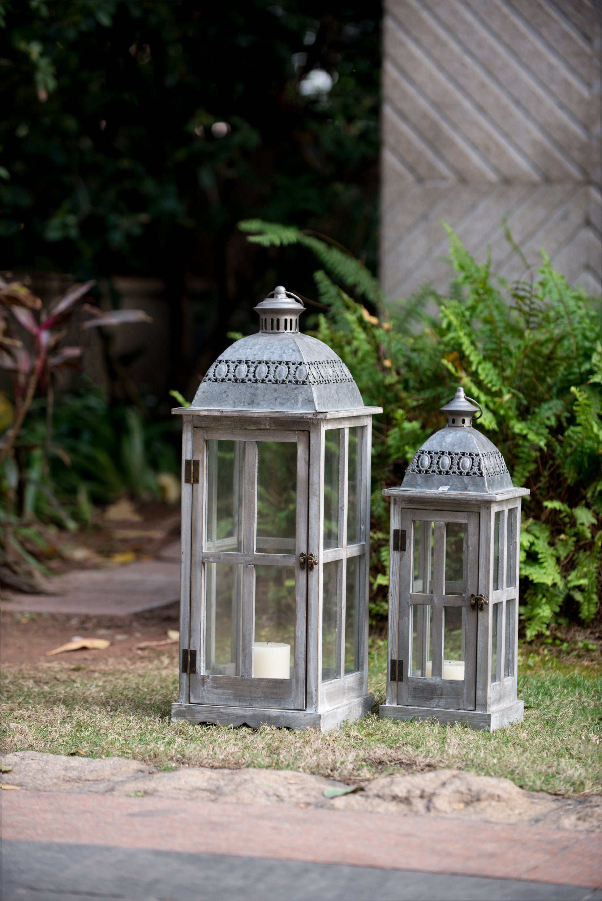 Wooden Candle Lantern Decorative, Hurricane Lantern Holder Decor For Indoor Outdoor, Home Garden Wedding Gray Wood Glass